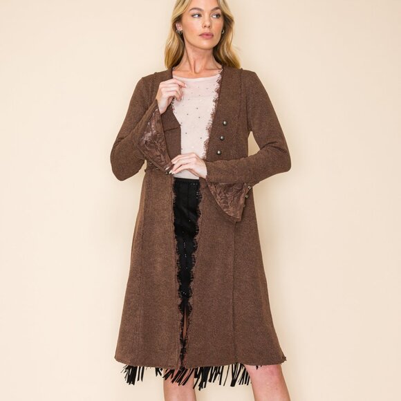 Vocal Sweaters - VOCAL BROWN cardigan duster western studded military MAGNOLIA BOHEMIAN WRAP S-3X